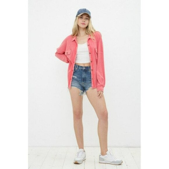 Not Your Boyfriend's Textured Knit Shirt Jacket in Coral - Picture 3 of 6